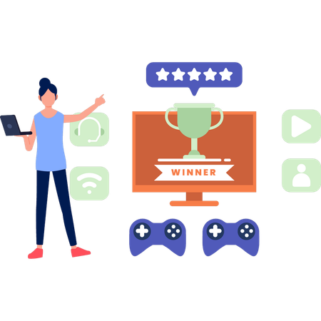 Girl Pointing To Game Winners Trophy  イラスト