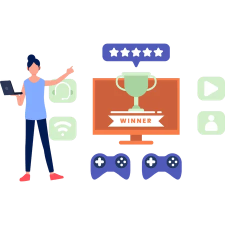 The Girl Is Pointing To The Game Winners Trophy イラスト