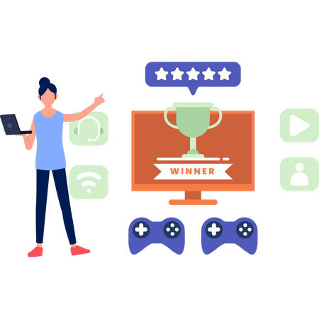 Girl Pointing To Game Winners Trophy  Illustration