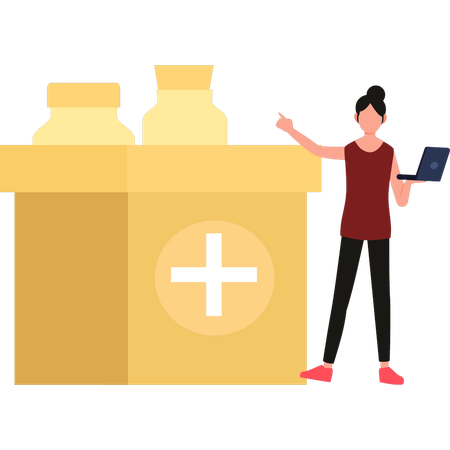 Girl pointing to medical cardboard box  Illustration