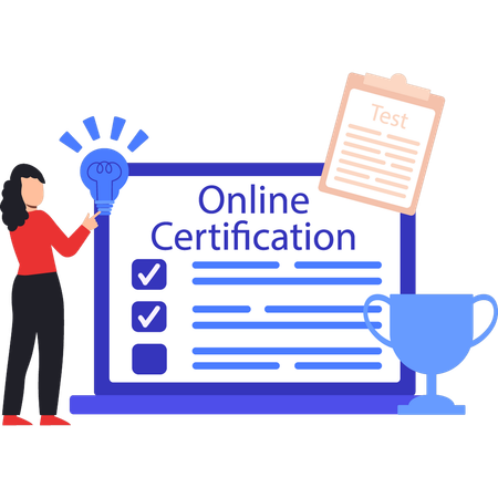 Girl pointing to online certificate on laptop  Illustration