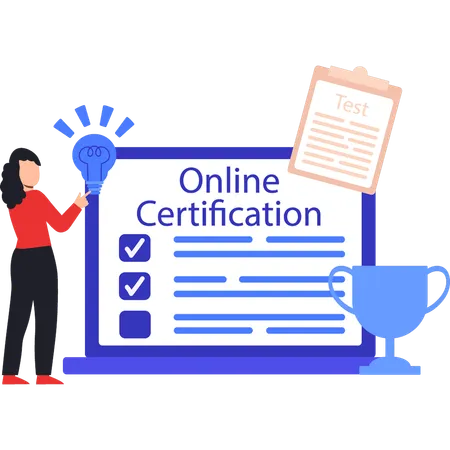 Girl pointing to online certificate on laptop  Illustration
