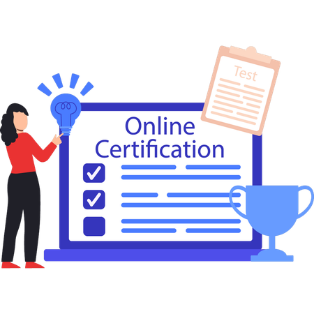 Girl pointing to online certificate on laptop  イラスト