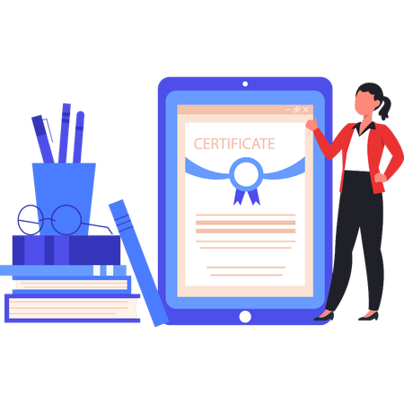 Girl pointing to online certificate on mobile  Illustration