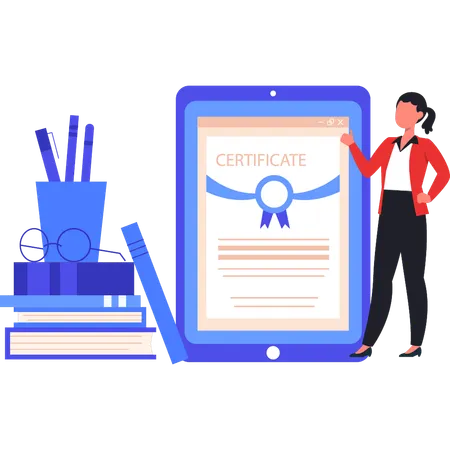 Girl Pointing To Online Certificate On Mobile Illustration