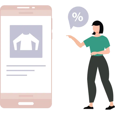 Girl pointing to online discount on mobile  Illustration