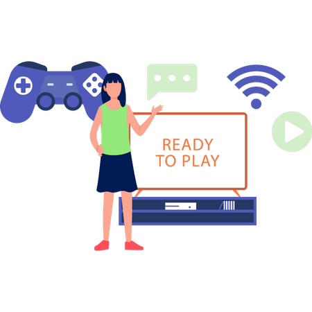Girl Pointing To Ready To Play Text On Monitor  Illustration
