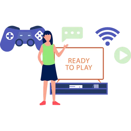 Girl Pointing To Ready To Play Text On Monitor  Illustration