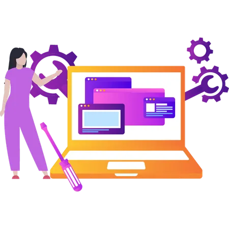 Girl pointing to webpage settings on laptop  Illustration