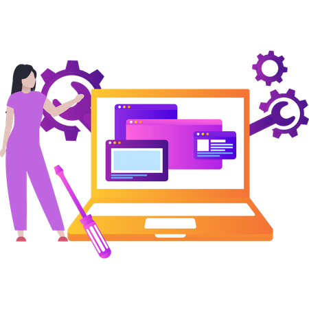 Girl pointing to webpage settings on laptop  Illustration