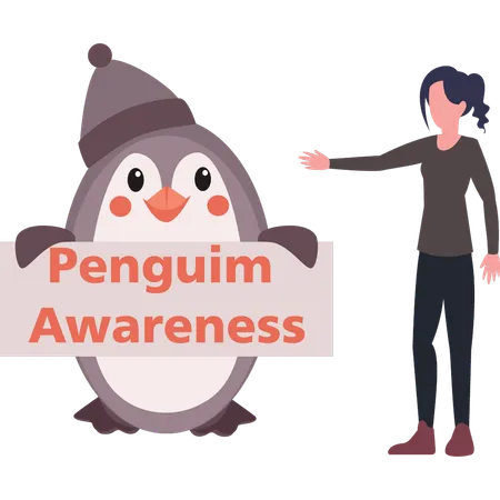 Girl pointing towards penguin awareness board  Illustration