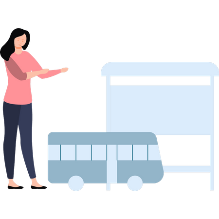 Girl pointing towards the bus  Illustration