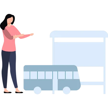 Girl pointing towards the bus  Illustration