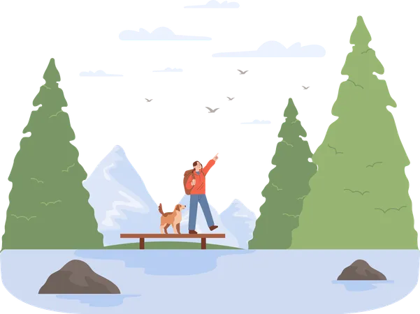 Girl pointing up in sky with dog  Illustration