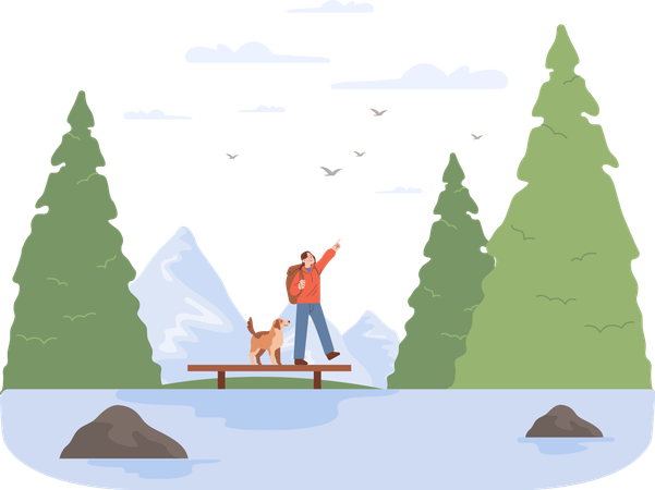 Girl pointing up in sky with dog  Illustration