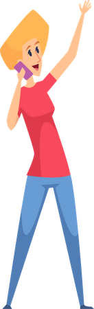 Girl pointing up while on call  Illustration