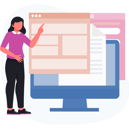 Girl pointing webpage document  Illustration