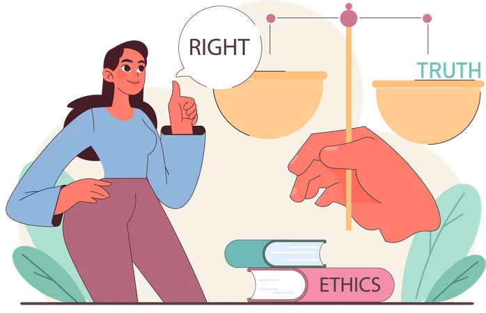 Girl Pointing Weighing right against truth over a foundation of ethics  Illustration