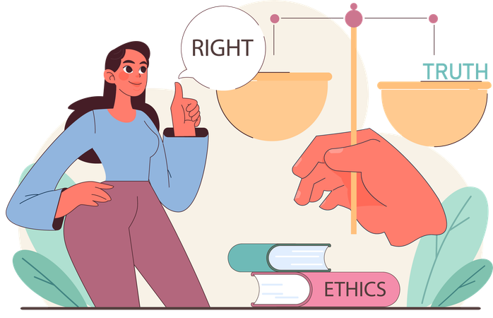 Girl Pointing Weighing right against truth over a foundation of ethics  Illustration