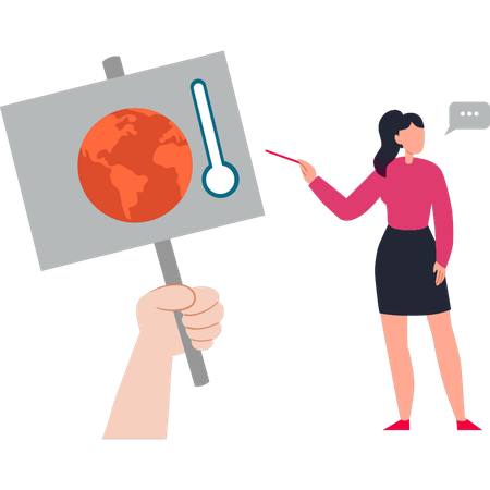 Girl points to a global temperature thermometer  Illustration
