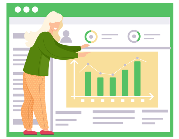 Girl points to bar graph on presentation board  Illustration