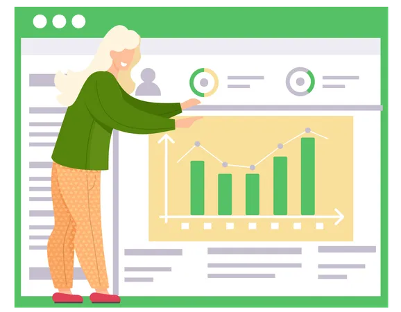 Girl points to bar graph on presentation board  Illustration