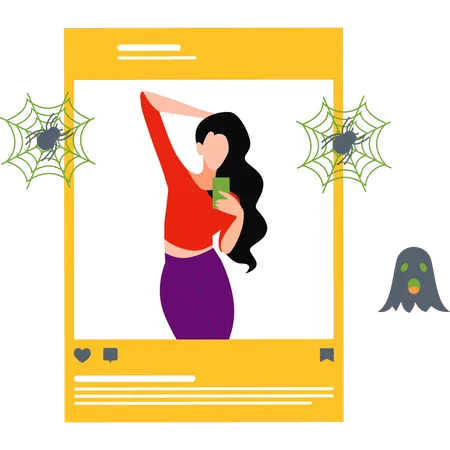 Girl posting Halloween pictures  Illustration