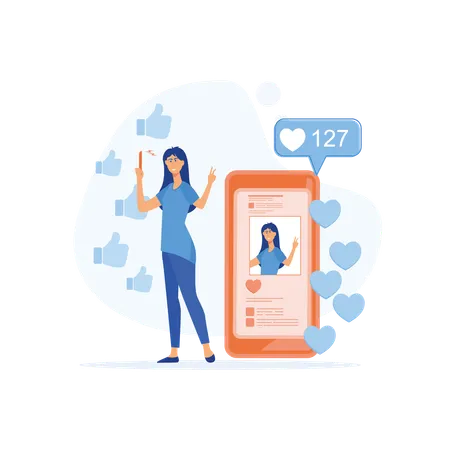 Digital Overload Concept Likes And Screen Addiction Social Media Gaming Disorder Selfie Posting Mental Health Problem Flat Vector Modern Illustration Illustration