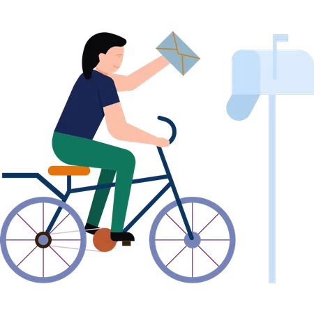 Girl posting letter on bicycle Illustration