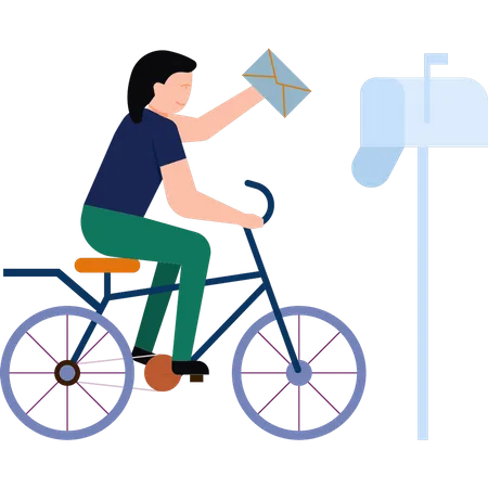 Girl posting letter on bicycle  Illustration