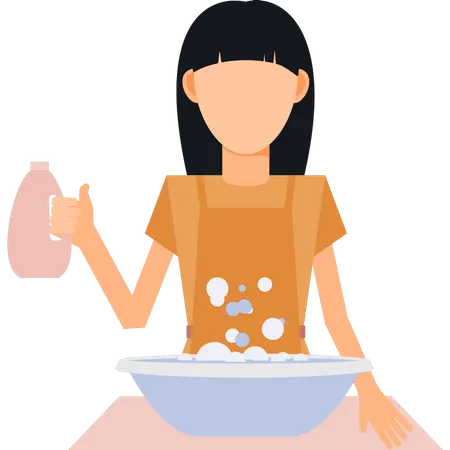 Girl pouring detergent into tub  Illustration