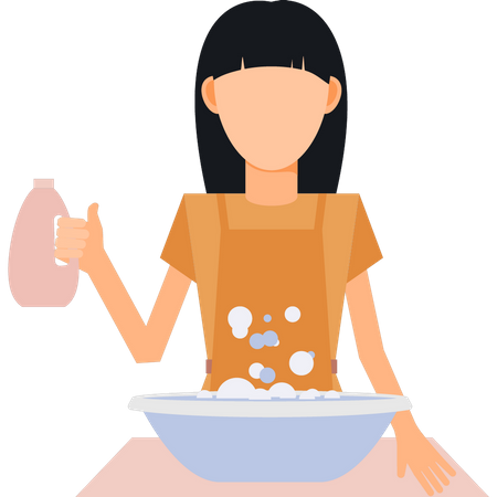 Girl pouring detergent into tub  Illustration