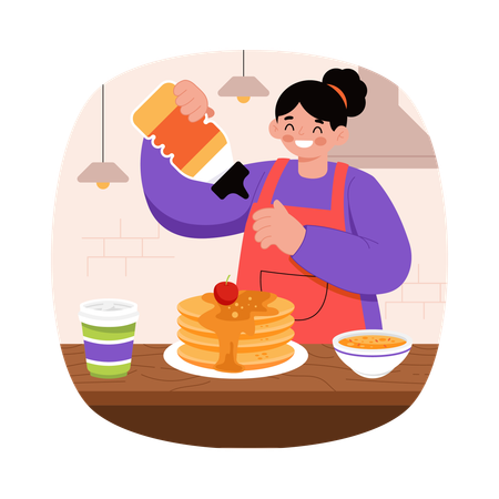 Girl pouring Syrup on Pancakes  Illustration