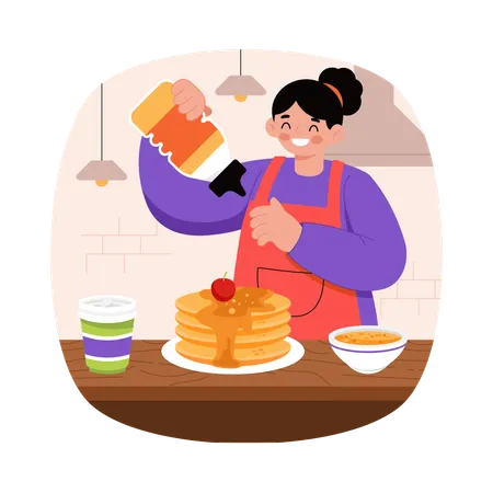 Girl pouring Syrup on Pancakes  Illustration