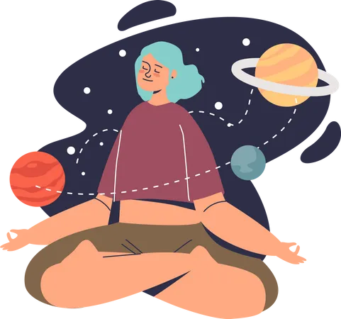 Young Girl Practice Meditation And Mindfulness Zen Calm Female Sitting With Cross Legs Meditating Over Space And Planets Background Wellness And Yoga Concept Cartoon Flat Vector Illustration Illustration