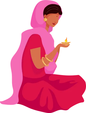 Girl In Pink Sari Praying Semi Flat Color Vector Character Sitting Figure Full Body Person On White Deepavali Isolated Modern Cartoon Style Illustration For Graphic Design And Animation Illustration