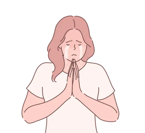 Religion Praying Begging Concept Young Unhappy Desperate Woman Or Girl Cartoon Character Begging For Mercy Crying And Holding Palms Together In Prayer Asking Or Request Or God Faith Illustration Illustration
