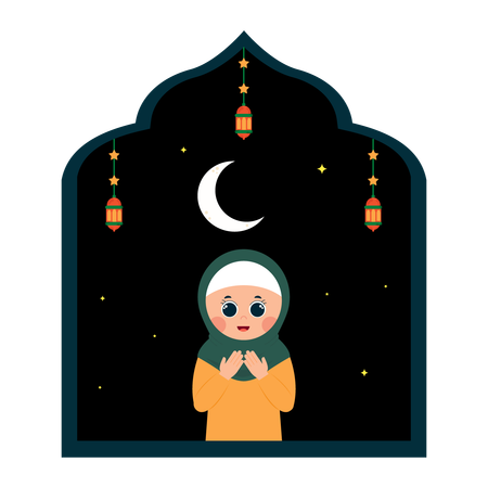 Girl praying moon from window  Illustration