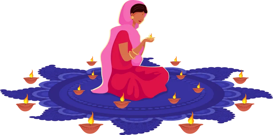 Girl Praying On Diwali Semi Flat Color Vector Character Posing Figure Full Body Person On White Deepavali Isolated Modern Cartoon Style Illustration For Graphic Design And Animation Illustration