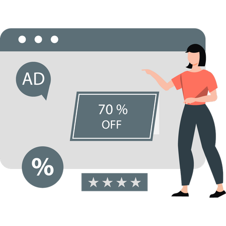 Girl presenting 70% off star rating  Illustration