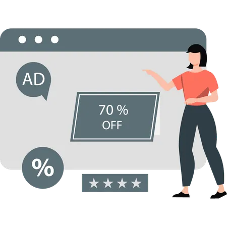 Girl presenting 70% off star rating  Illustration