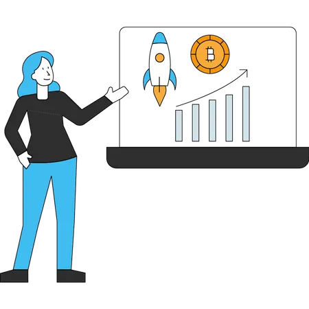 Girl presenting Bitcoin startup Illustration