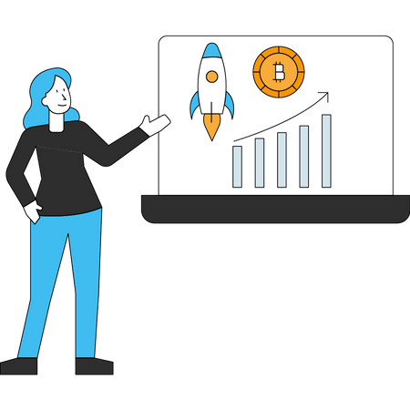 Girl presenting Bitcoin startup  Illustration