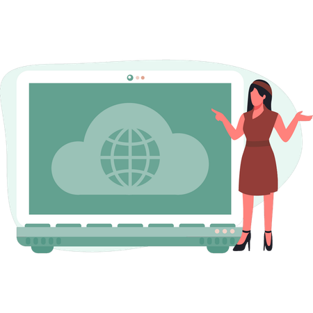 Girl presenting cloud global on laptop  Illustration