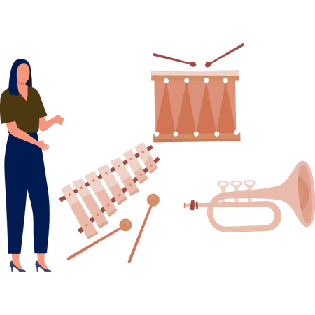 Girl presenting french horn  Illustration