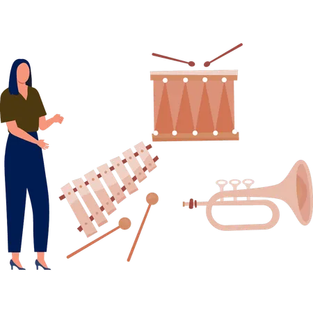 Girl presenting french horn  Illustration