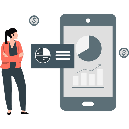 Girl presenting pie chart report on mobile  Illustration