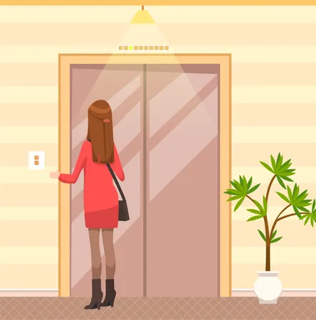 Lady Waiting For Elevator With Iron Doors Female Passengers Standing Next To Door Of Lift In Hotel Metal Lift For Transporting People Between Floors Of Building Girl Presses Elevator Call Button 일러스트레이션
