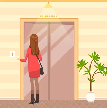 Girl presses elevator call button  Illustration