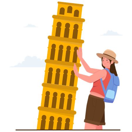 Girl pretending to hold leaning tower of pisa  Illustration